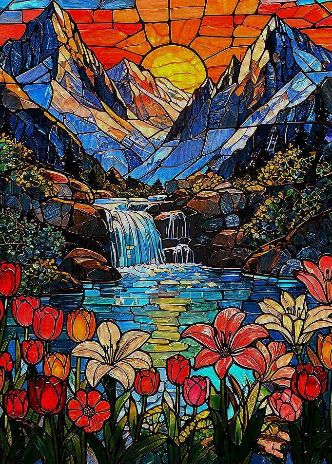 Stained Glass Mountain Landscape with Flowers
