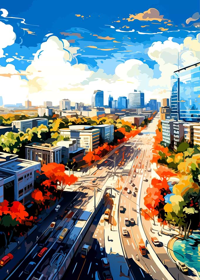 Vibrant Cityscape with Autumn Trees