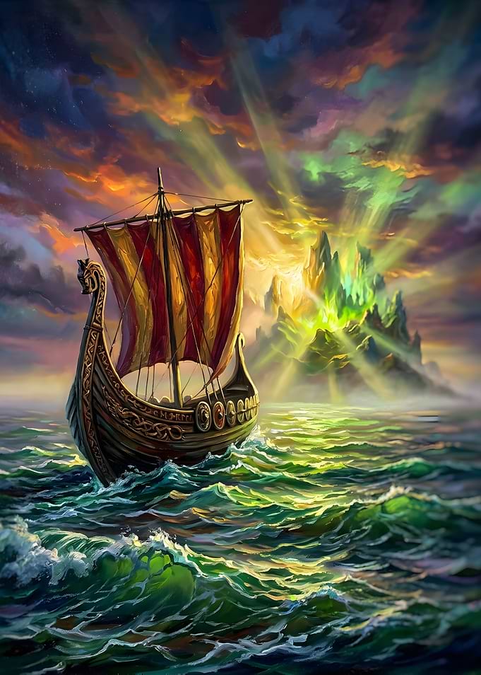 Viking Longship Sailing Toward Mystical Island