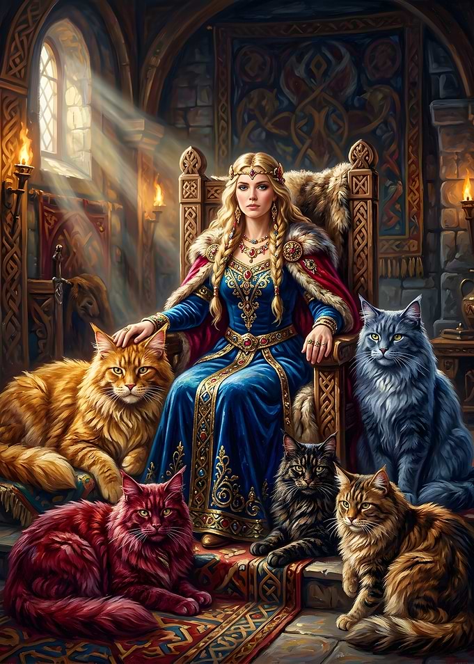 Queen with Maine Coon Cats
