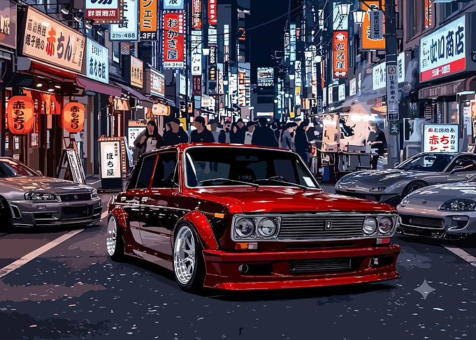 Modified Red Sedan in Tokyo Street