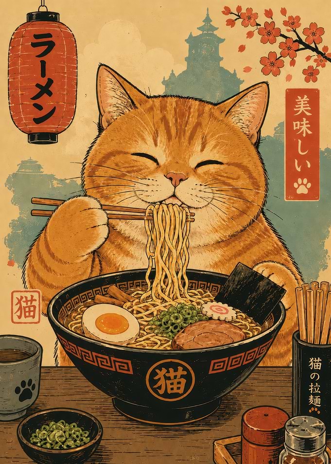 Cute Ginger Cat Eating Ramen