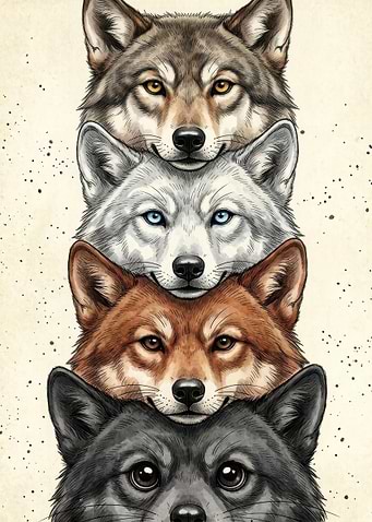 Stacked Wolf Heads Illustration