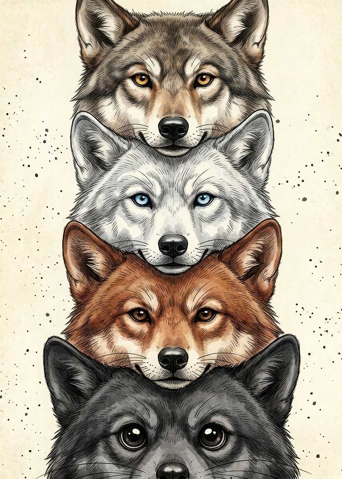 Stacked Wolf Heads Illustration