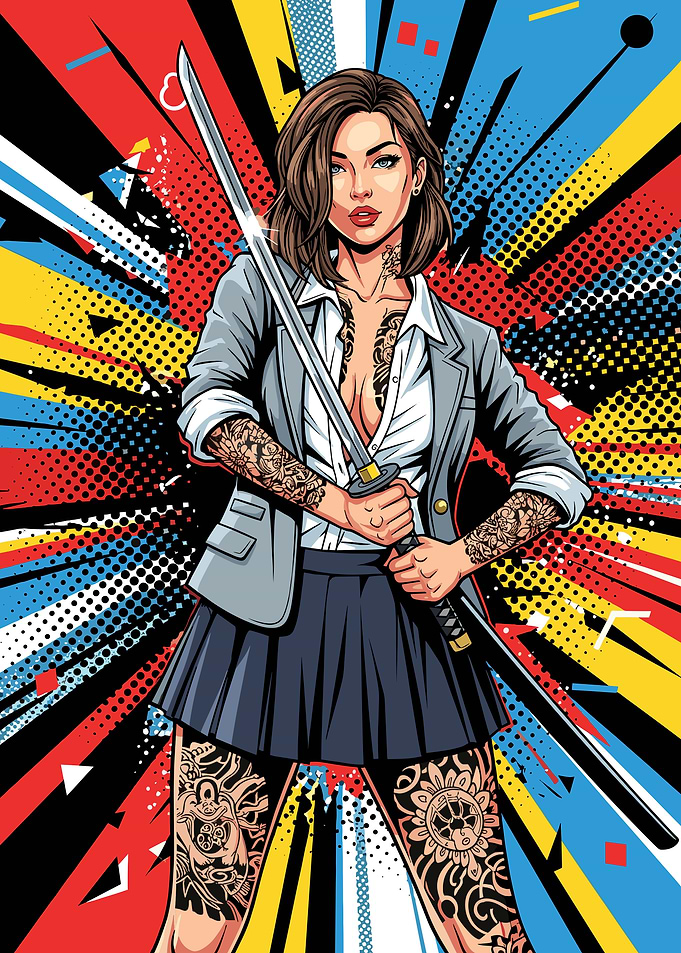 Tattooed Woman Holding Katana Pop Art