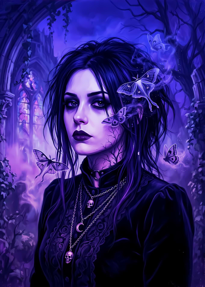 Gothic Woman with Moths and Skulls