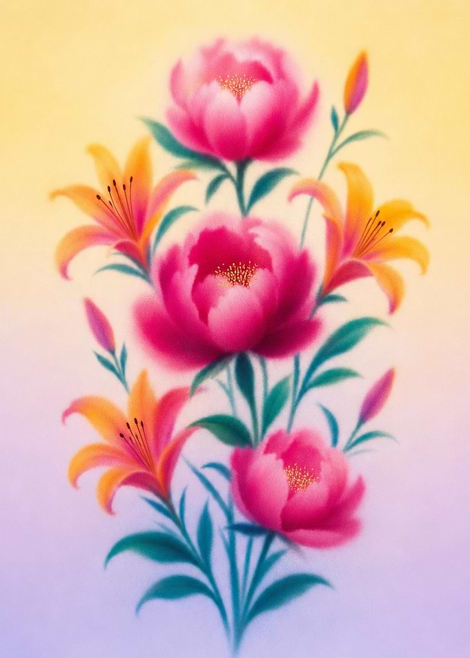 Vintage Airbrushed Romantic Pink Peonies and Orange Lilies Bouquet Floral Nature Lover