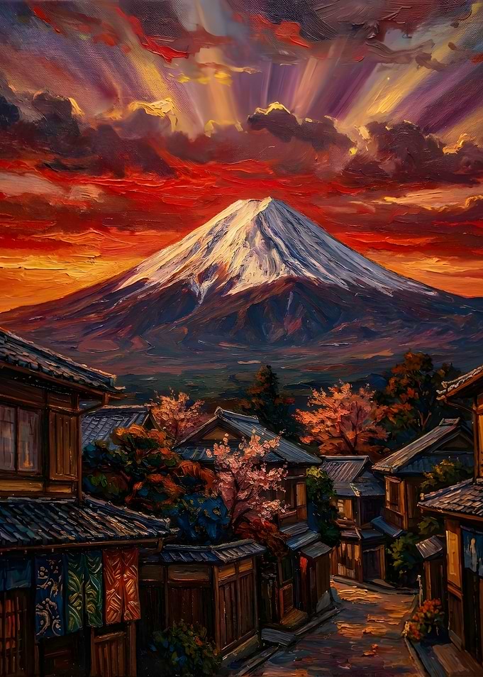 Mount Fuji Sunset Over Traditional Village