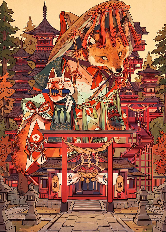 Fox Spirit in Traditional Japanese Shrine
