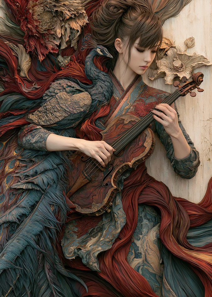 Woman Playing Violin with Peacock Motif
