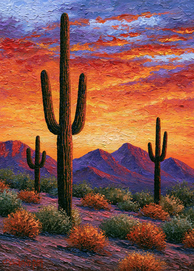 Saguaro Desert Sunset with Fiery Mountain Sky
