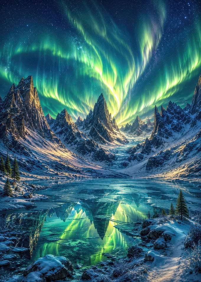 Aurora Borealis Over Snowy Mountain Lake