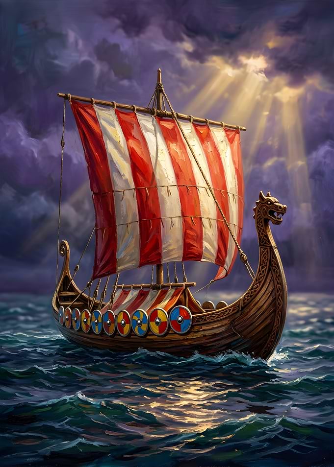 Viking Longship Sailing on Stormy Seas