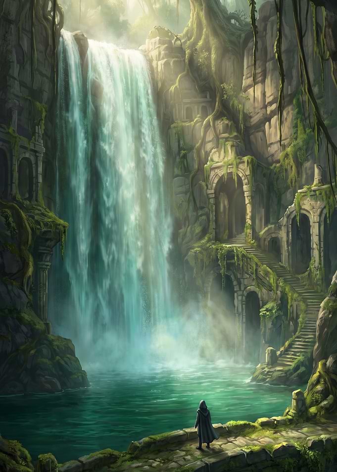 Cloaked Figure at Ancient Waterfall Ruins