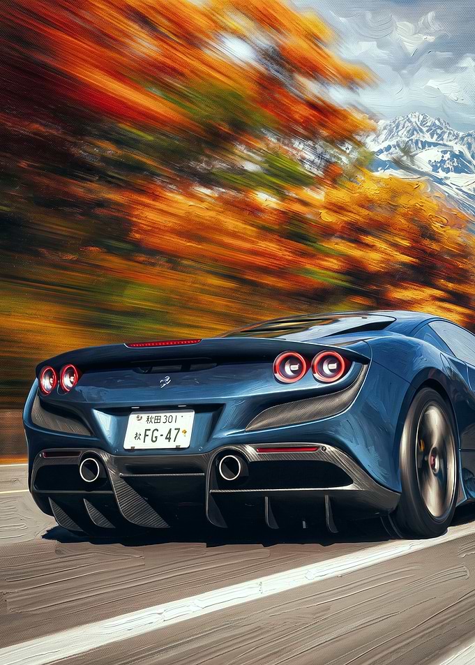 Blue Supercar Driving Through Autumn Landscape