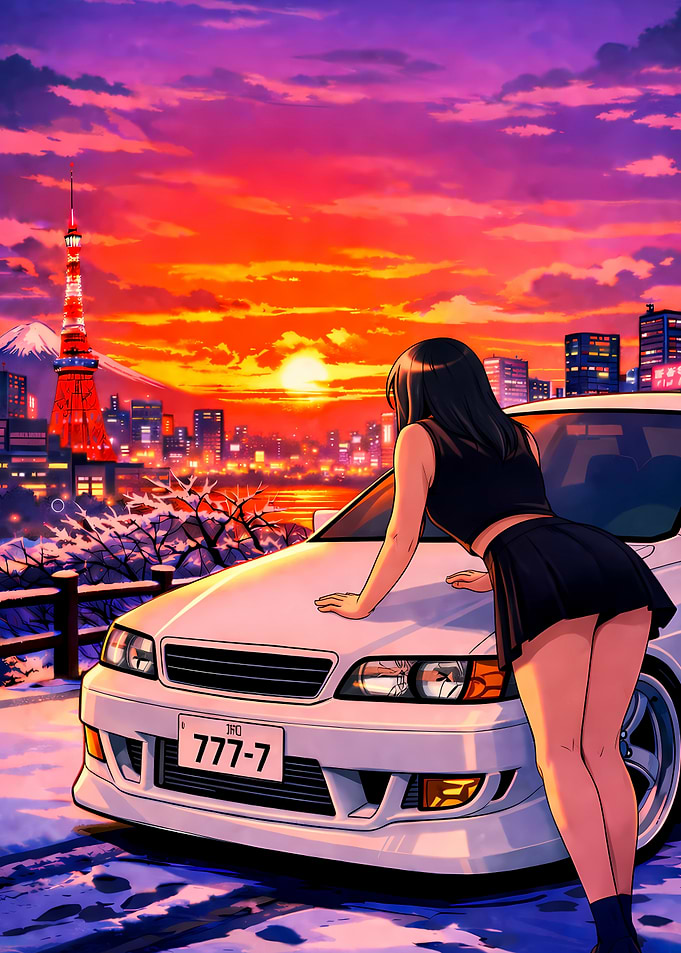 Anime Girl Leaning on JDM Car