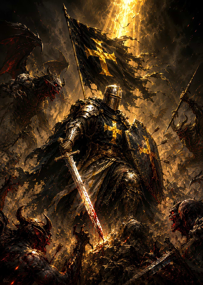 Crusader Knight Battling Demonic Horde