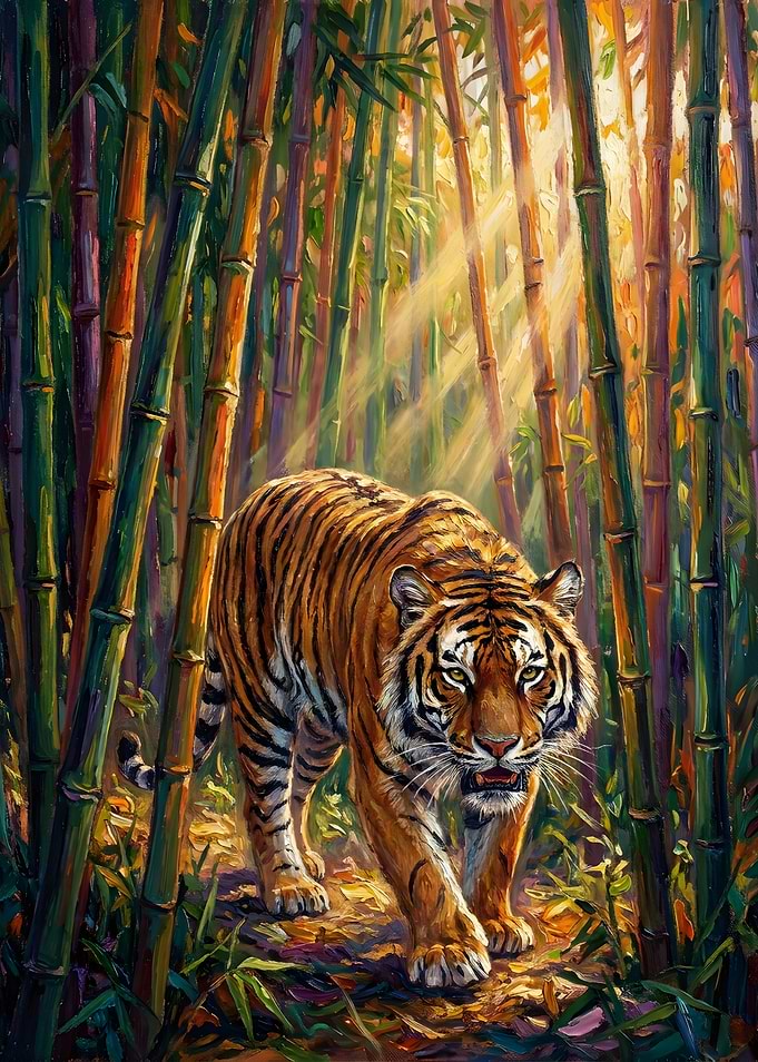 Tiger Walking Through Bamboo Forest