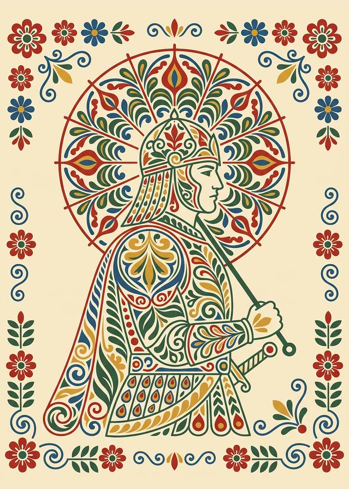 Traditional Nordic Kurbits Folk Art Knight Illustration