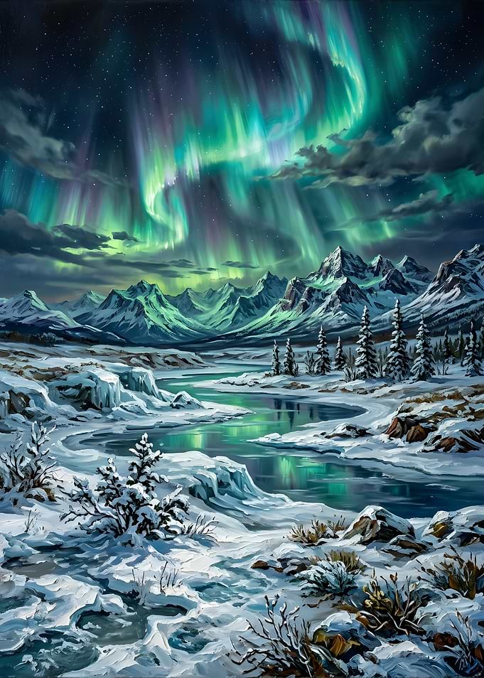 Aurora Borealis Over Snowy Mountain Landscape