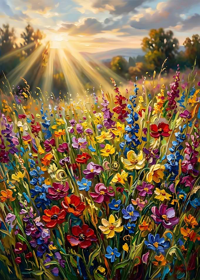 Vibrant Wildflower Meadow at Sunset