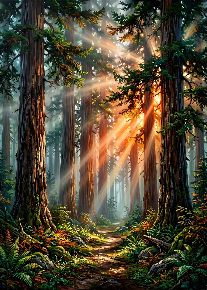 Sunlight Streaming Through Ancient Forest