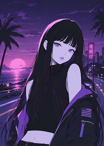 Anime Girl in Purple Night City