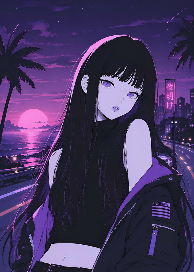 Anime Girl in Purple Night City