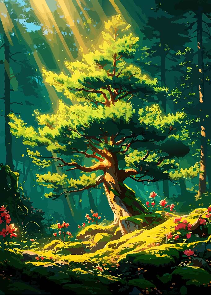 Sunlit Pine Tree in Forest
