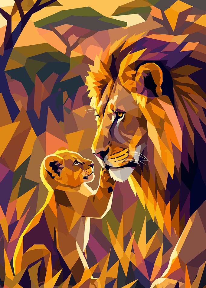 Geometric Lion and Cub Portrait