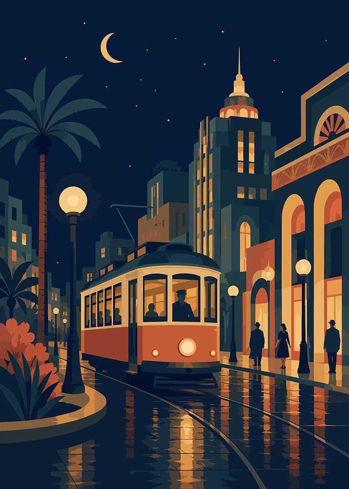 Art Deco Vintage Streetcar Night City