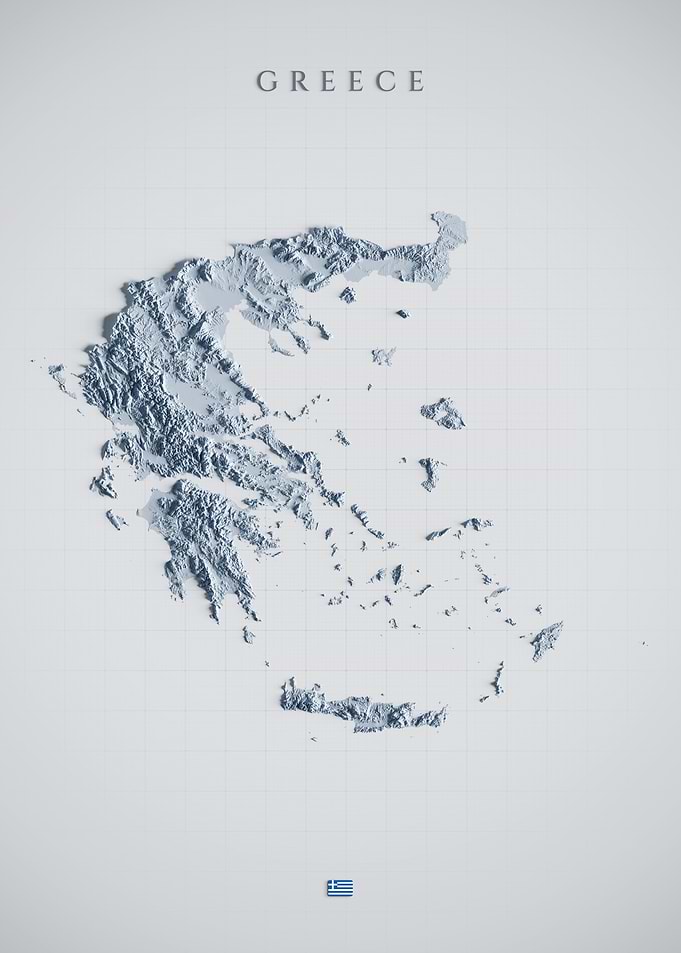 Greece Topographic Map - Light Shaded Relief, 3D Elevation Poster