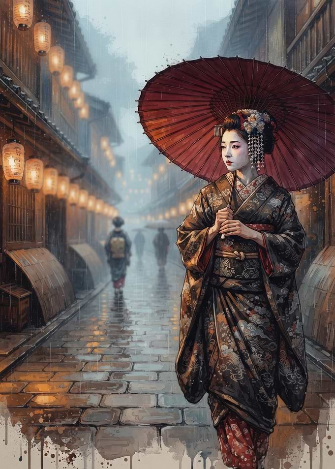 Geisha walking in rainy Kyoto street
