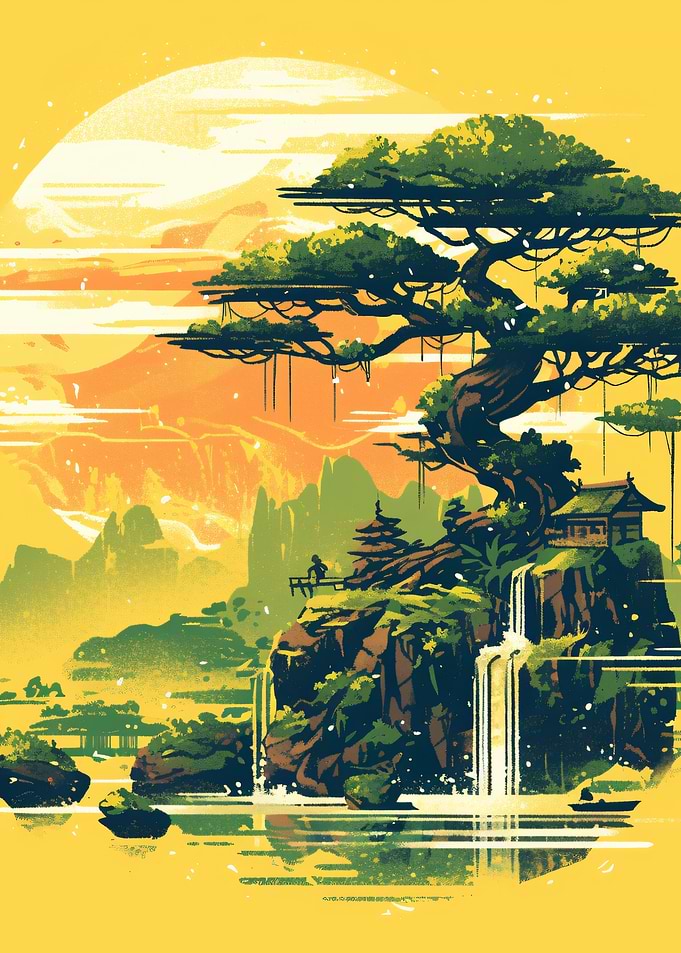 Serene Japanese Landscape with Bonsai Tree