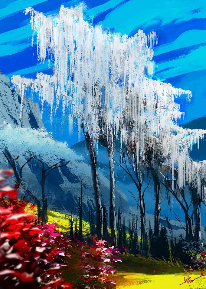 Vibrant Surreal Landscape with White Trees