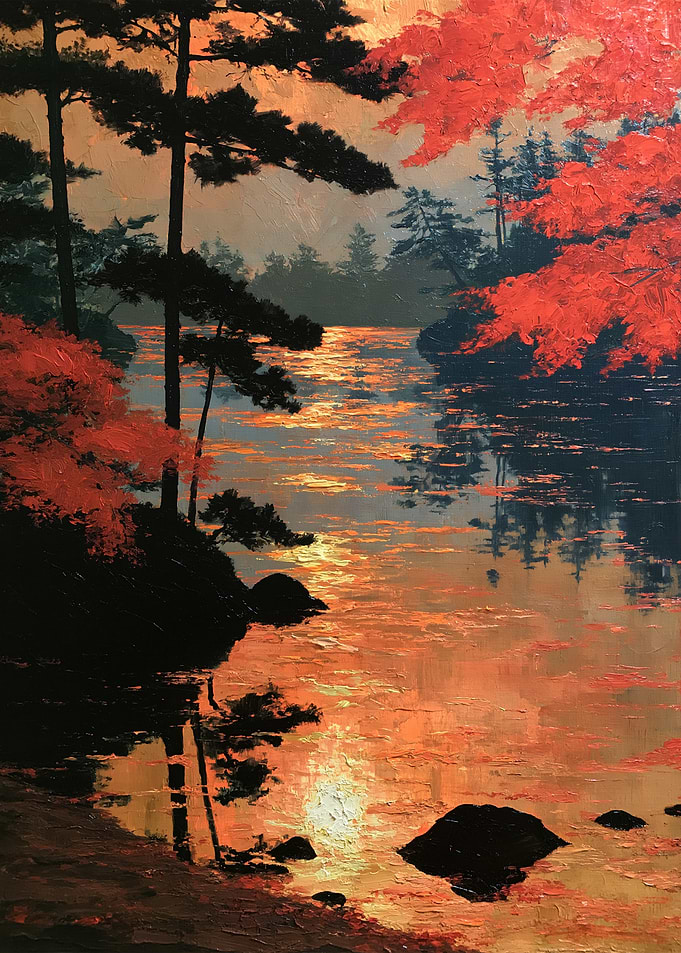 Crimson Autumn Lake at Golden Sunset
