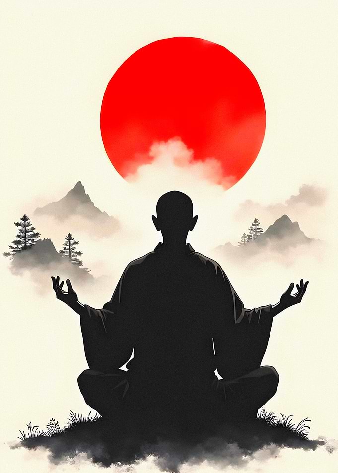 Zen Monk Meditating Under Red Sun