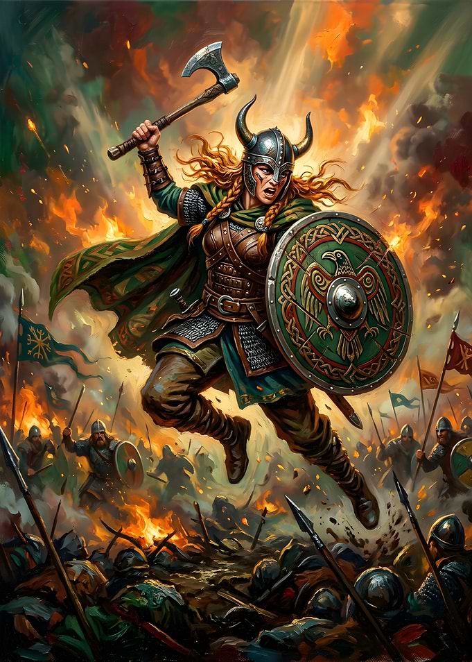 Fierce Viking Shieldmaiden in Battle