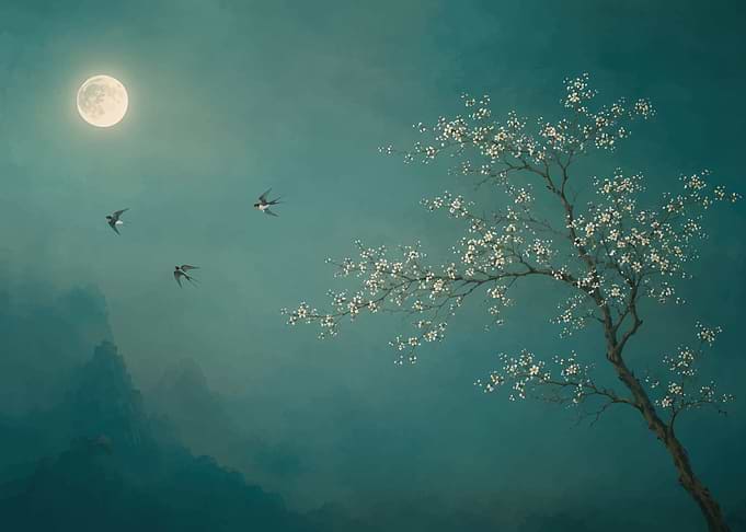 Moonlit Cherry Blossom and Birds