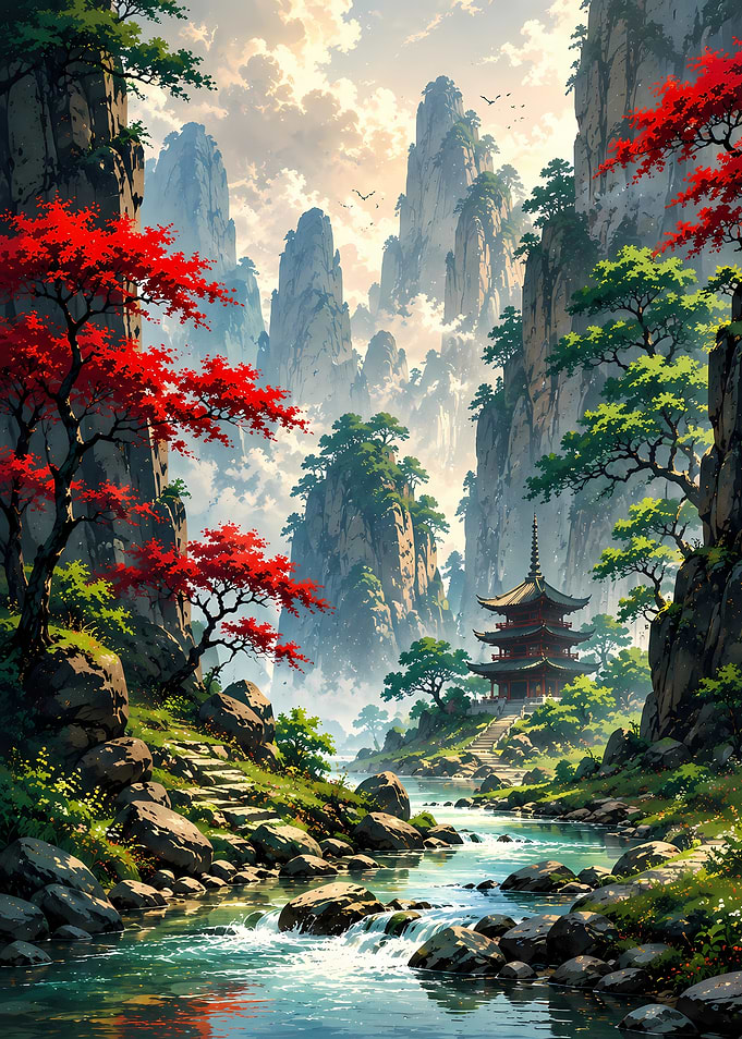 Pagoda in a Misty Mountain Valley