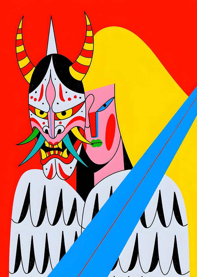 Abstract Hannya Mask and Figure Illustration