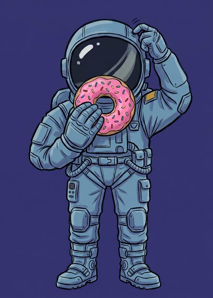 Funny Astronaut Eating Pink Donut