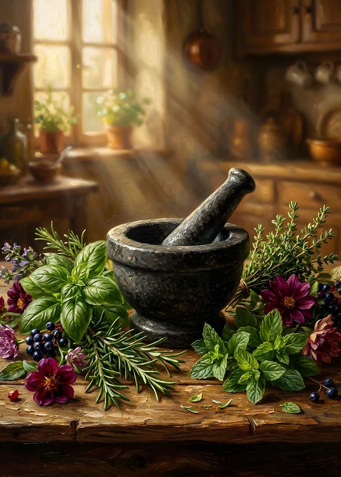 Mortar and Pestle with Fresh Herbs