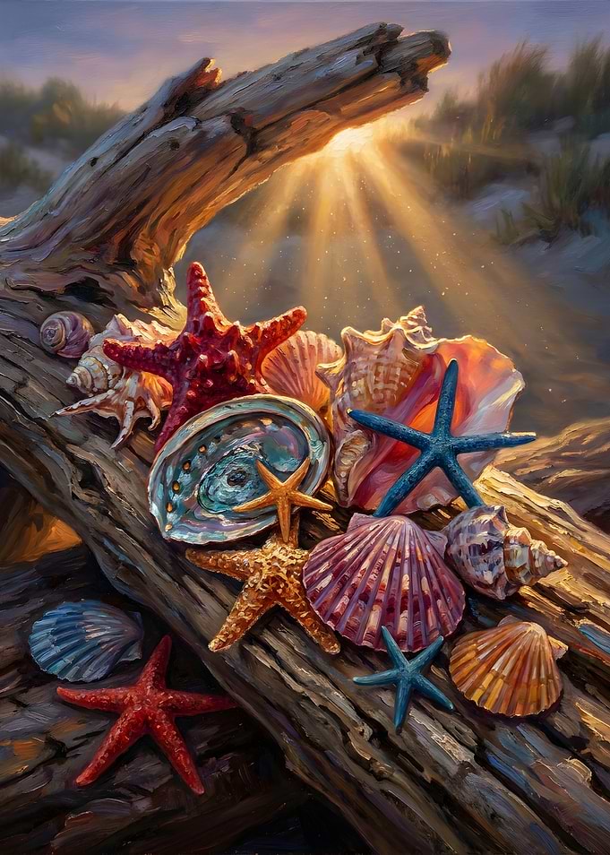 Seashells and Starfish on Driftwood
