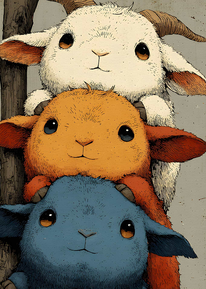 Three Stacked Colorful Baby Goats Retro