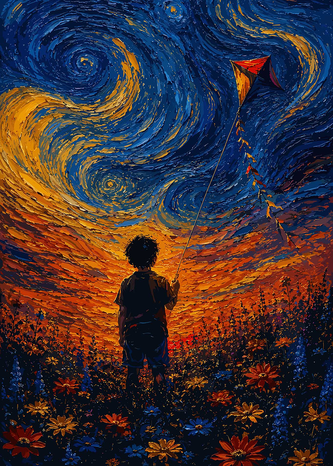 Child Flying Kite Under Starry Sky