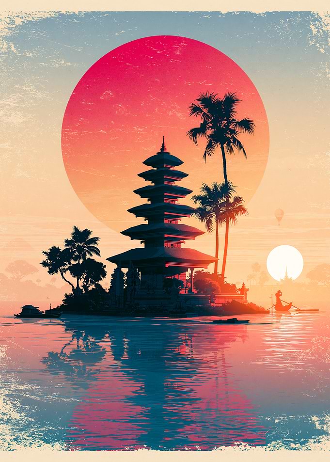 Bali Temple Sunset Silhouette Art