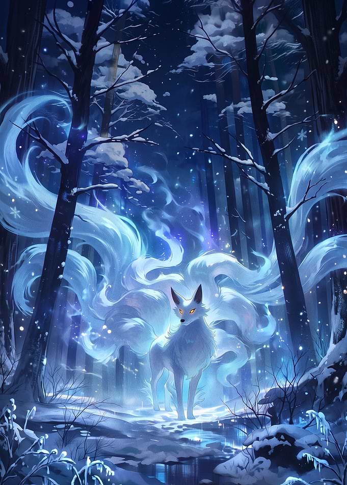 Mystical Nine-Tailed Fox in Winter Forest