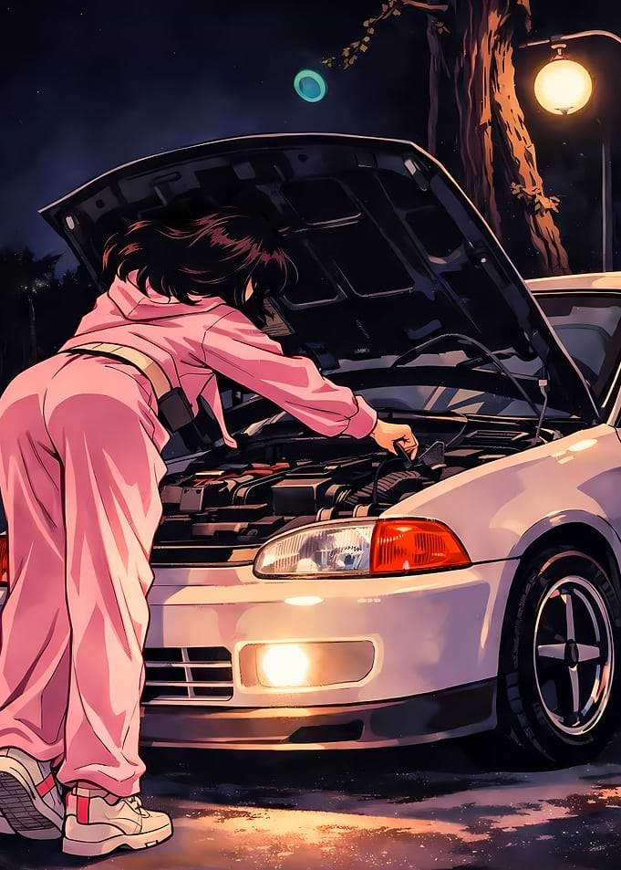 Anime Girl Fixing Car at Night
