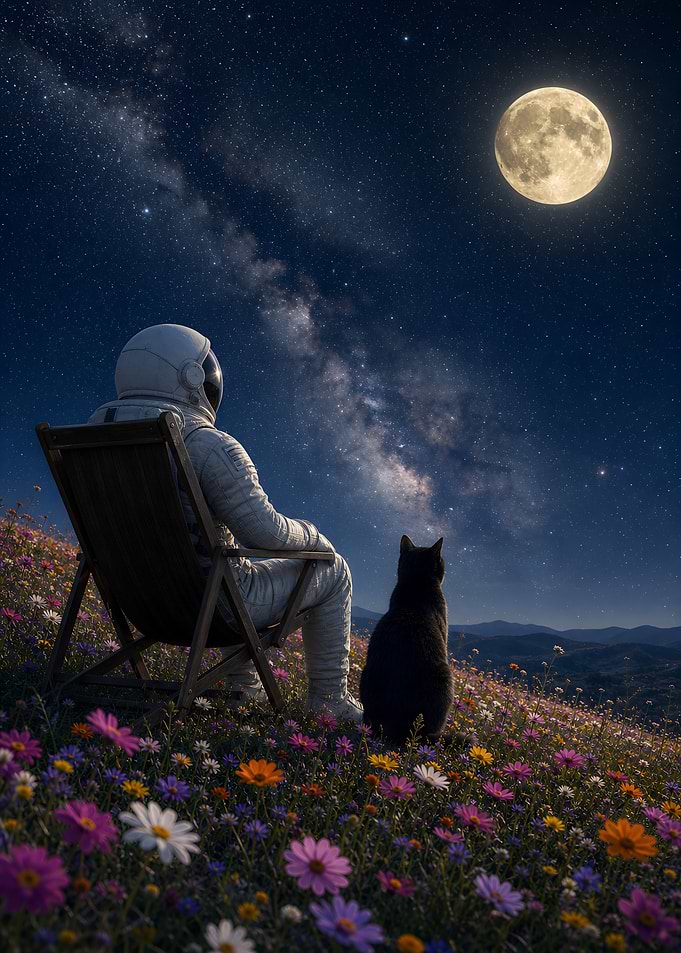Astronaut and Cat Watching at the Moon Space